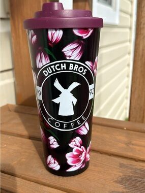 Dutch Bros Black Floral Travel Cup with Plum Lid
